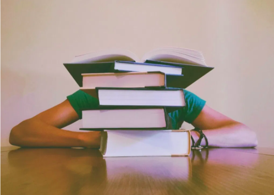 image of a person behind a large stack of books.